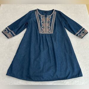 J Jill Denim Dress Womens MP Blue Embroidered Boho 3/4 Sleeve Tencel Cotton